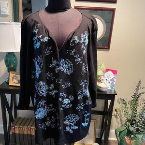 Karen Scott Split Neck Cotton Embroidered Floral Top SIZE 3x